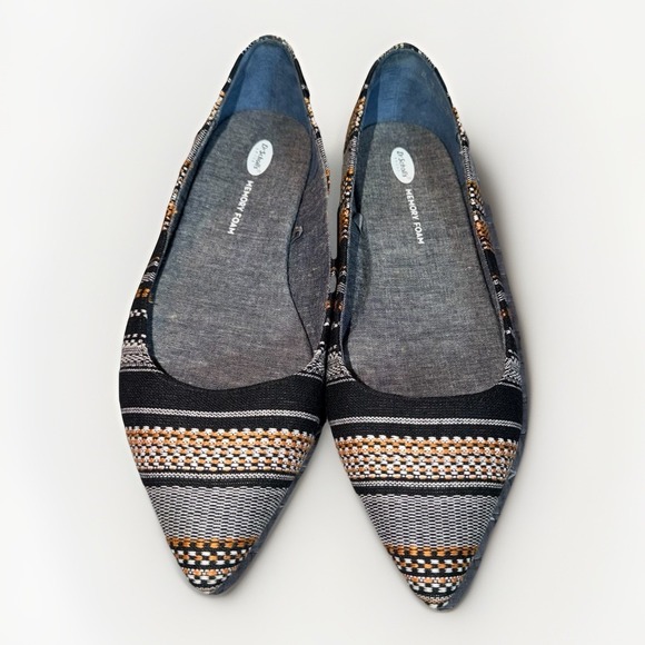 Dr. Scholls Women's Black Stripped Fabric Pointed Toe Flats Size 9M Memory Foam - Picture 2 of 6